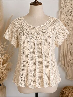 Vintage Crochet Lace Boho Top Ivory Open Knit Cottagecore S/M